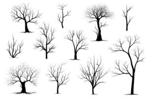 arbre de branche noire ou ensemble de silhouettes d'arbres nus. illustrations isolées dessinées à la main vecteur