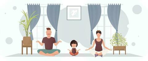 une homme avec une femme et une peu fille sont engagé dans méditation dans le chambre. méditation. dessin animé style. vecteur