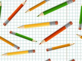 coloré des crayons avec un gomme, école fournitures, papeterie, une à carreaux carnet. le concept de scolarité, retour à école, premier temps à école. sans couture modèle vecteur