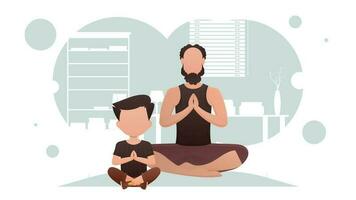 papa et fils sont séance méditer dans le chambre. yoga. dessin animé style. vecteur