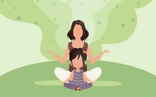 maman et fille faire yoga dans le lotus position. dessin animé style. yoga concept. vecteur illustration.