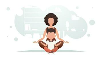 maman et fils sont séance dans le pièce méditer dans le lotus position. méditation. dessin animé style. vecteur