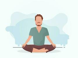 le homme est assis dans le lotus position. yoga. dessin animé style. vecteur