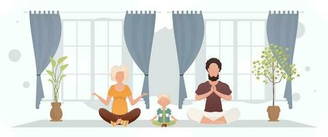 une homme et une femme avec une peu garçon sont Faire méditation dans le lotus position dans le chambre. yoga. dessin animé style. vecteur