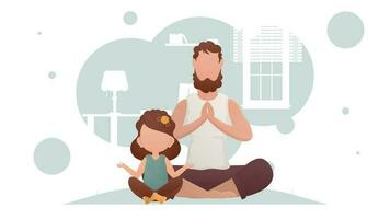 papa et fille sont séance et Faire yoga. yoga. dessin animé style. vecteur