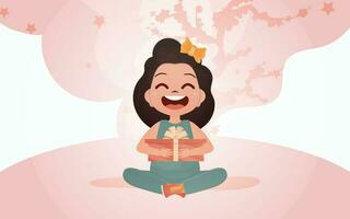 une content fille est assis dans une lotus position avec une cadeau dans sa mains. vecteur illustration.