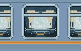 les fenêtres de un vide banlieusard train. rail transport est montré dehors. dessin animé style. plat style. vecteur