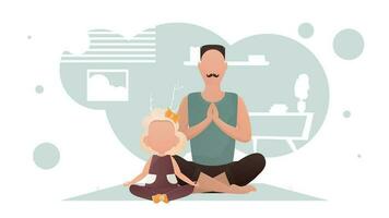 une homme avec une peu fille sont séance et Faire yoga. yoga. dessin animé style. vecteur