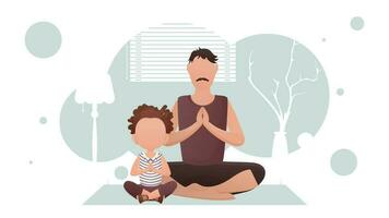 papa et peu fille sont séance méditer. yoga. dessin animé style. vecteur