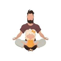 une fort homme et une mignonne peu fille sont séance Faire yoga dans le lotus position. isolé. dessin animé style. vecteur