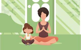 maman et fille asseoir dans le lotus position. dessin animé style. méditation et concentration concept. vecteur. vecteur