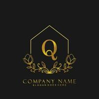 lettre q réel biens logo concept. féminin style alphabet avec floral dans le logo modèle. des lettres et alphabet pour votre logo conception. vecteur