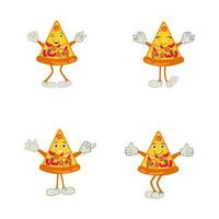 Pizza dessin animé personnage, moderne vecteur modèle ensemble de mascotte illustrations. nourriture objet icône concept isolé prime vecteur.