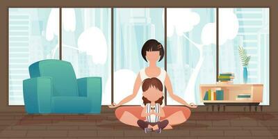 maman et peu fille sont méditer ensemble dans le lotus position. dessin animé style. vecteur illustration.