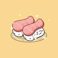 mignonne Sushi Nigiri et Rouleaux dans kawaii style avec souriant visages. Japonais traditionnel cuisine plats. pouvez être utilisé pour T-shirt imprimer, autocollant, salutation carte, menu conception. vecteur