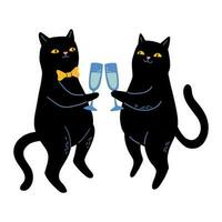 deux noir chats avec Champagne des lunettes vecteur