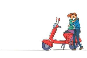 scooter de dessin en ligne continue unique, voyage, couple, aventure, concept de balade. couple de famille voyage en scooter. un homme et une femme heureux font de la moto. une ligne dessiner illustration vectorielle de conception graphique vecteur