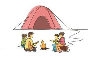 une seule ligne dessinant une famille de camping réchauffe son corps autour des tentes de feu de camp. papa jouant de la guitare, maman et enfants assis sur le sol et les bûches, chantent la chanson. ligne continue dessiner illustration vectorielle de conception vecteur