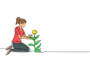 une seule ligne dessinant une jeune femme plante des fleurs au sol. jolie fille transplante des plantes, fait du jardinage, se prépare au printemps. passe-temps à la maison, concept de relaxation. vecteur de conception de dessin en ligne continue