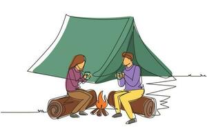 couple dessinant une seule ligne près d'un feu de joie, rendez-vous romantique hors de la ville, camping. homme et femme se réchauffent près d'un feu de camp et boivent du thé assis sur des bûches dans la forêt. vecteur de conception de dessin en ligne continue