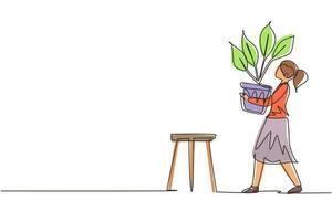 une ligne continue dessinant une jeune femme dans une chambre confortable tient un pot avec une plante dans ses mains. cultiver et entretenir des plantes d'intérieur. le jardinier s'occupe du jardin de la maison. illustration vectorielle de dessin à une seule ligne vecteur