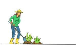 une seule ligne continue dessinant une femme creuse le sol avec une pelle. planter, cultiver des légumes. le soin du jardin. agriculture, élevage. dynamique une ligne dessiner illustration vectorielle de conception graphique vecteur