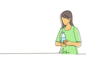 une seule ligne dessinant une femme de beauté bien-être tenant une bouteille de lait dans sa main. concept d'alimentation et de nutrition végétaliennes. produit végétarien sain. illustration vectorielle graphique de conception de dessin en ligne continue vecteur