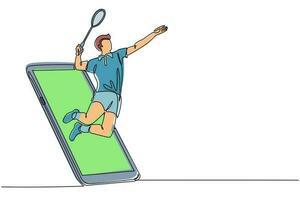 un seul dessin au trait homme joueur de badminton sauter frapper le volant sortir de l'écran du smartphone. jeu de badminton en ligne avec application mobile en direct. illustration vectorielle graphique de conception de dessin en ligne continue vecteur