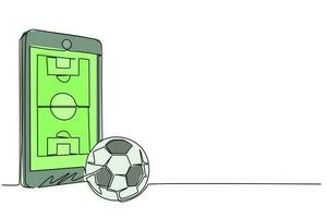 smartphone à dessin en ligne continue unique avec terrain de football et ballon d'application. championnat de flux de sport mobile à jouer. jeux de foot en ligne. une ligne dessiner illustration vectorielle de conception graphique vecteur
