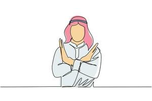 une ligne continue dessinant un jeune homme arabe croisant les bras et ne disant aucun geste. personne faisant la forme x, panneau d'arrêt avec les mains et expression négative. illustration graphique vectorielle de conception de dessin à une seule ligne vecteur