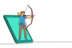 un seul homme dessinant une ligne avec un arc et une flèche sortant de l'écran du smartphone. les sports mobiles jouent des matchs. jeu de tir à l'arc en ligne avec application mobile en direct. ligne continue dessiner illustration vectorielle de conception vecteur