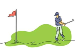 Célibataire un ligne dessin de affaires exécutif Jeune Beau homme en jouant le golf à le golf cours. entraine toi à faire trou dans un frappé technique. moderne continu ligne dessiner conception graphique vecteur illustration