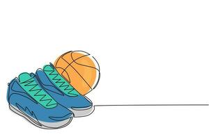 une seule ligne dessinant des chaussures de basket-ball et des ballons de basket-ball. ballon de basket et chaussures. inventaire sportif. pour l'annonce du magasin de sport, le pictogramme de l'application, l'infographie. vecteur graphique de conception de dessin en ligne continue