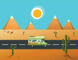 voyageur un camion conduite sur le route à désert et paysage de montagnes vecteur