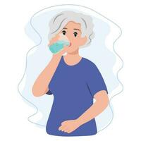 vieux femme en buvant une Frais verre de l'eau. en bonne santé et durable mode de vie concept vecteur