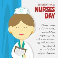 international infirmières journée salutations avec une femelle infirmière détient médical record Remarque permanent dans de face de le rideau vecteur