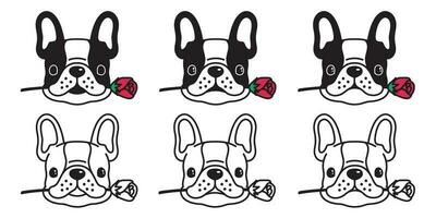 chien vecteur français bouledogue icône logo Rose fleur Valentin dessin animé personnage illustration symbole griffonnage noir