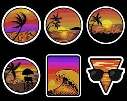 illustration vectorielle de plage coucher de soleil rétro autocollants vecteur