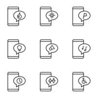 vecteur contour panneaux et symboles tiré dans plat style avec noir mince doubler. modifiable coups. ligne Icônes de flamme, horloge, cerf-volant, lumière ampoule dans discours bulle par téléphone intelligent