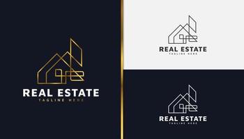 logo immobilier or avec style de ligne. modèle de conception de logo de construction, d'architecture ou de bâtiment