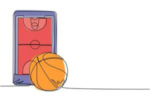 dessin continu d'une ligne smartphone avec application terrain de basket et ballon. jeux de basket en ligne. applications pour smartphones. basket mobile. illustration graphique vectorielle de conception de dessin à une seule ligne vecteur