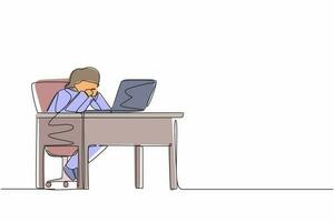 une ligne continue dessinant une femme d'affaires pensive travaillant sur un ordinateur portable. femme frustrée dans le doute avec le geste de la main sur le menton. travailler au bureau à domicile. travail à distance, lieu de travail. vecteur de conception de dessin à une seule ligne