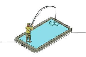 une seule ligne dessinant un jeune homme pêchant sur l'écran du smartphone. homme debout sur téléphone portable et pêche avec canne. application mobile de pêcheur. illustration vectorielle graphique de conception de ligne continue moderne vecteur