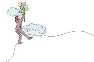 femme d'affaires dessinant une seule ligne continue flottant avec ballon. femme tenant un ballon volant à travers les nuages. le travailleur atteint son objectif, sa cible, trouve une solution. illustration vectorielle de conception graphique d'une ligne vecteur
