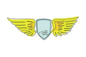 logo de bouclier ailé dessinant une seule ligne. bouclier volant avec des ailes dans le ciel. création de logo de modèle de bouclier d'ailes métalliques professionnelles modernes. illustration vectorielle graphique de conception de dessin en ligne continue vecteur