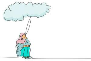 une seule ligne continue dessinant une femme d'affaires arabe se sentant triste, dépression assise sous la pluie et les nuages. malheureux déprimé solitude triste travailleur stressé avec problème. vecteur de conception graphique d'une ligne