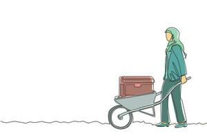 une ligne continue dessinant une femme d'affaires arabe en hijab poussant un chariot avec un coffre au trésor. brouette avec or, bijoux, trésors. entreprise, concept financier. graphique vectoriel de conception de dessin à une seule ligne
