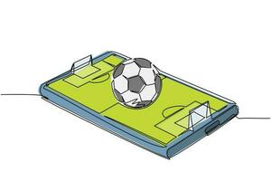 une seule ligne continue dessinant un ballon de football sur l'écran du smartphone du terrain de football virtuel. smartphone avec application football football. championnat de flux de sport mobile à jouer. vecteur de conception de dessin d'une ligne