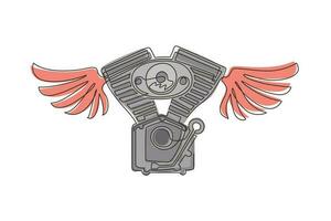 logo du club de moto de dessin en ligne continue avec moteur et ailes, logo du club de motards, icône de service de motos personnalisées. moteur de moto avec des ailes. dynamique une ligne dessiner vecteur de conception graphique