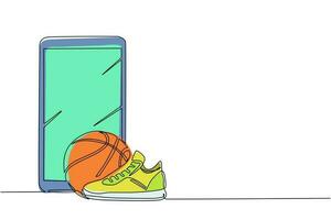 balle de basket-ball et chaussures de dessin en ligne continue avec smartphone. équipement de sport. des trucs de basket. jeu de compétition et de compétition. mode de vie actif et sain. vecteur de conception de dessin d'une ligne